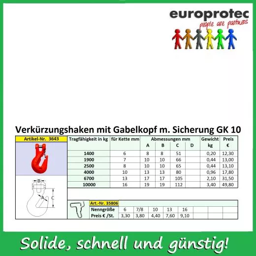Verkrzungshaken GK 10 mit Gabel - mit Sicherung ND 13mm
