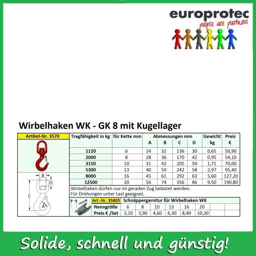 Wirbelhaken mit Kugellager WK - GK 8 - Nenndicke 10mm - Tragfhigkeit 3.150kg